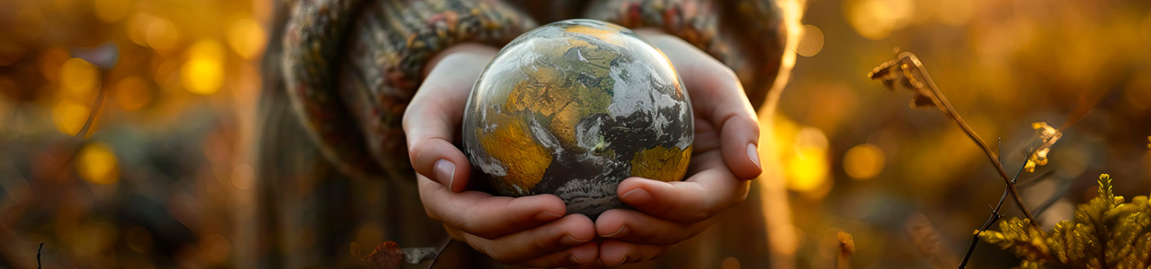 A child in autumn light, holding a glass earth globe in her hands. 